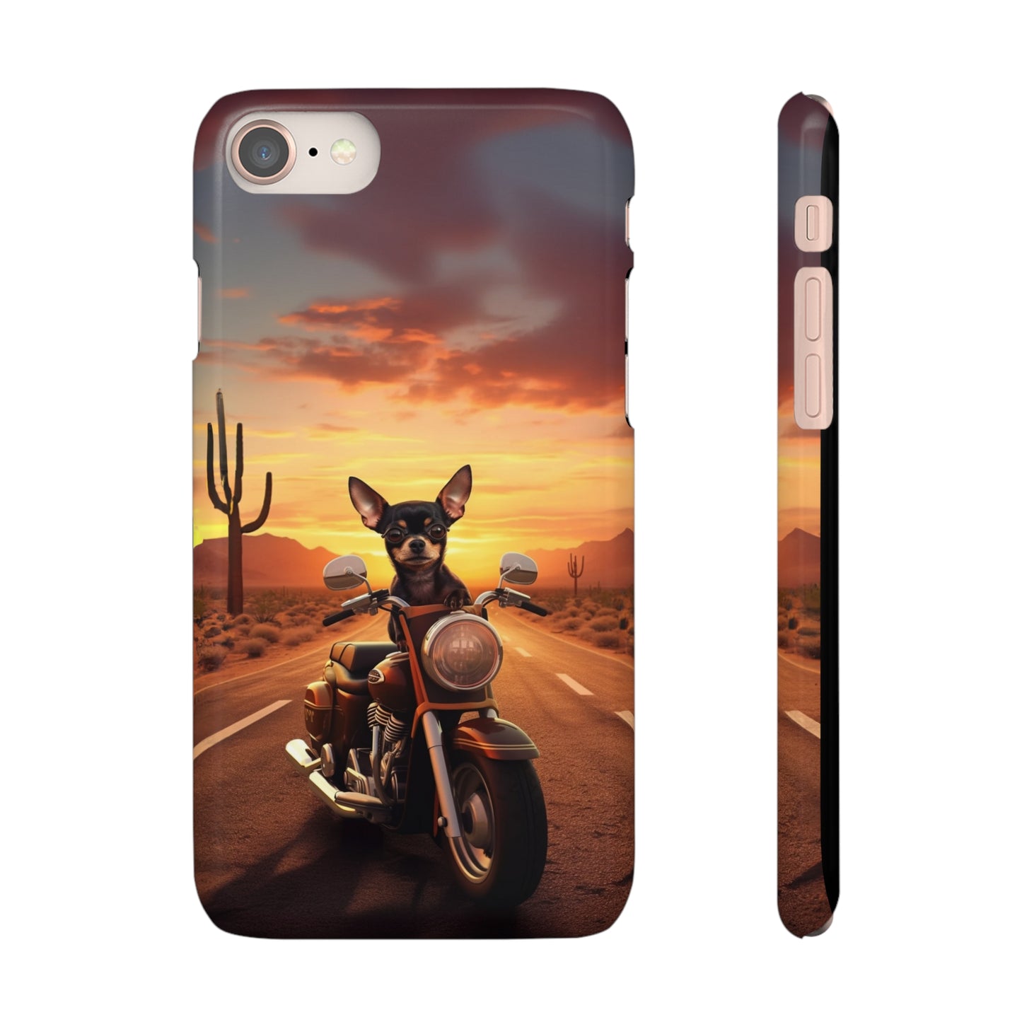 Sunset Ride: Black Chihuahua on a Harley Davidson in the Desert