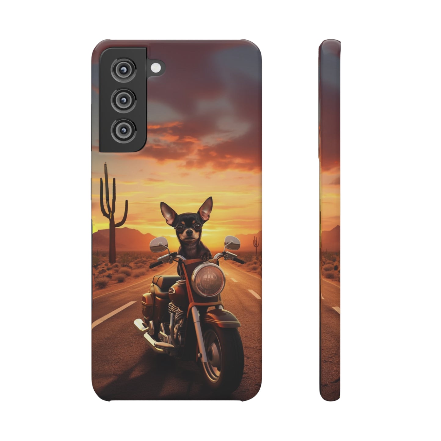 Sunset Ride: Black Chihuahua on a Harley Davidson in the Desert