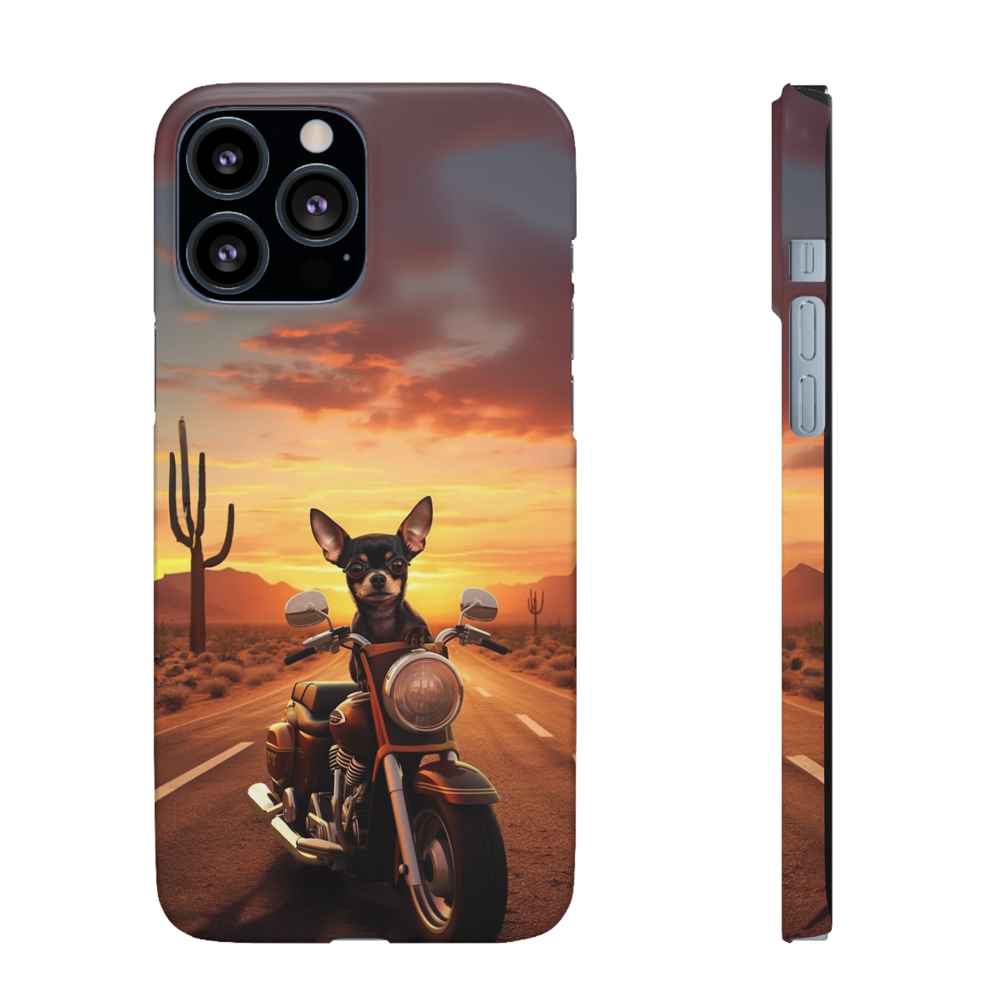 Sunset Ride: Black Chihuahua on a Harley Davidson in the Desert
