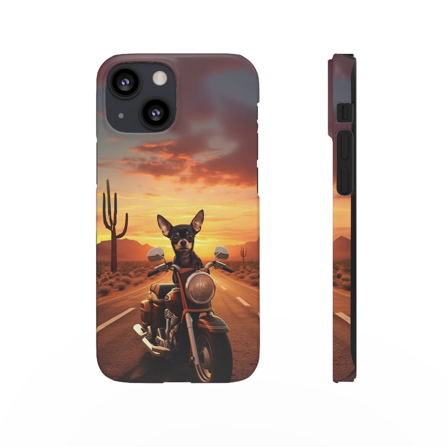 Sunset Ride: Black Chihuahua on a Harley Davidson in the Desert