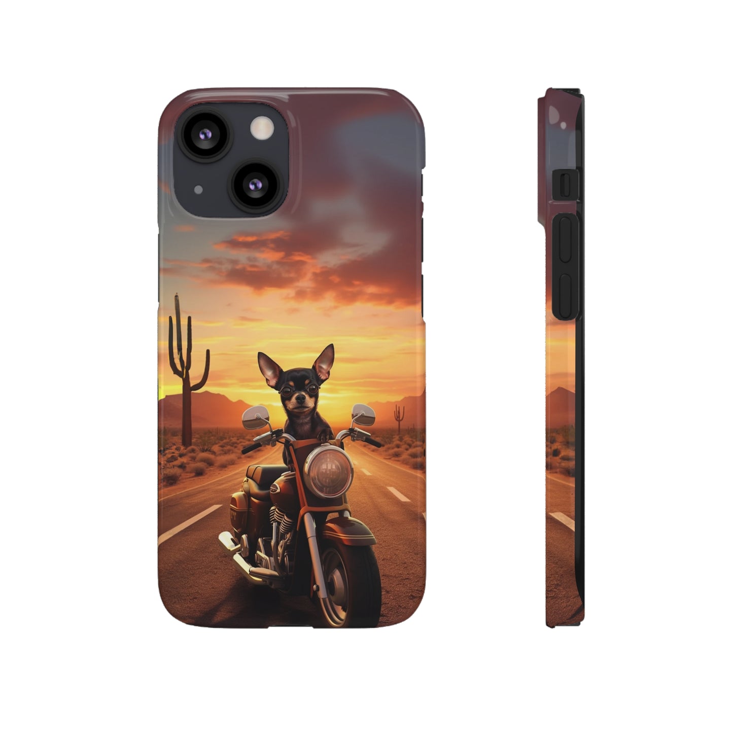 Sunset Ride: Black Chihuahua on a Harley Davidson in the Desert