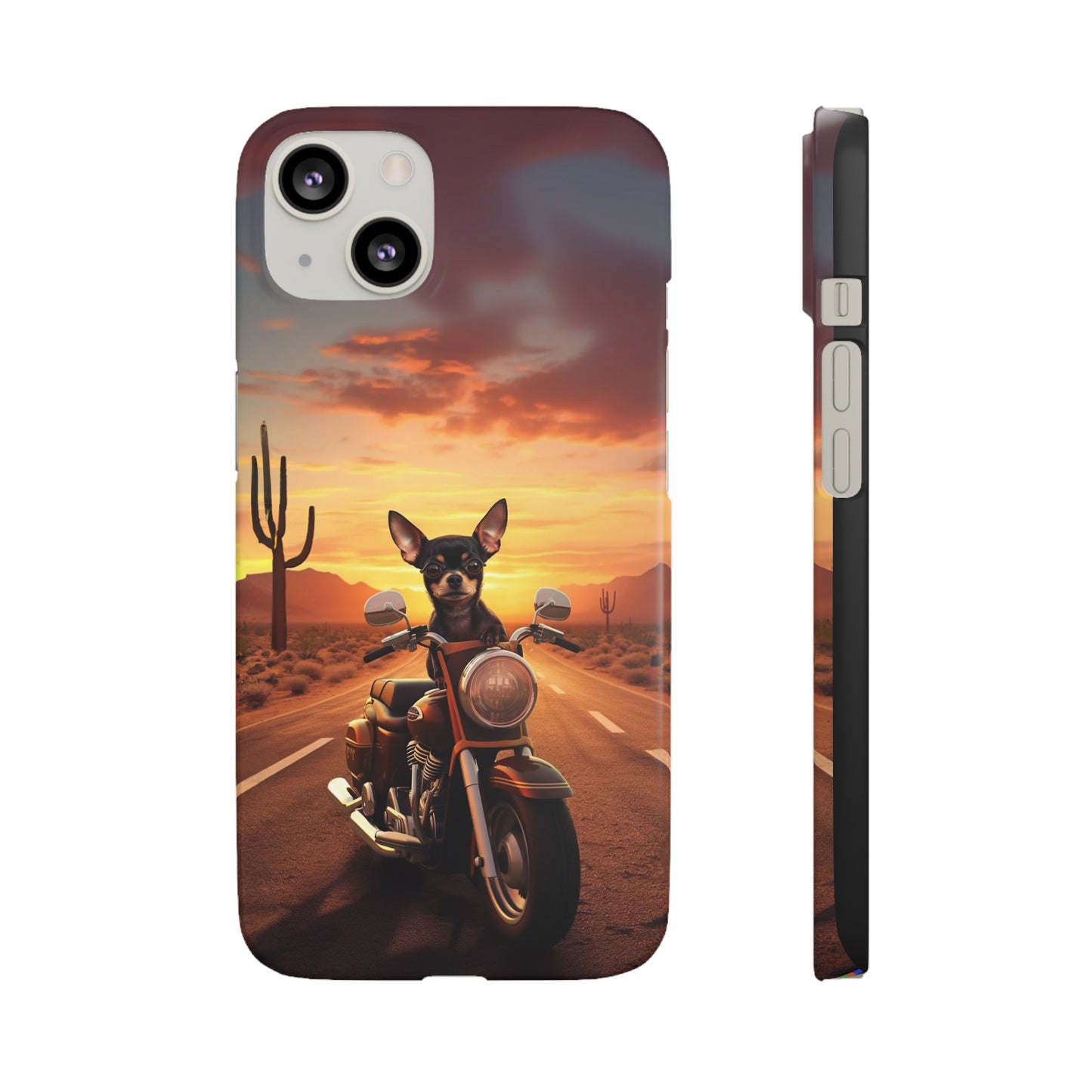 Sunset Ride: Black Chihuahua on a Harley Davidson in the Desert